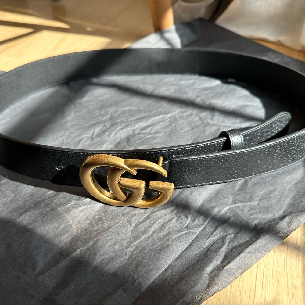 Authentic Men’s Gucci Black Leather Belt GG Gold. Wide Belt with Double G Buckle